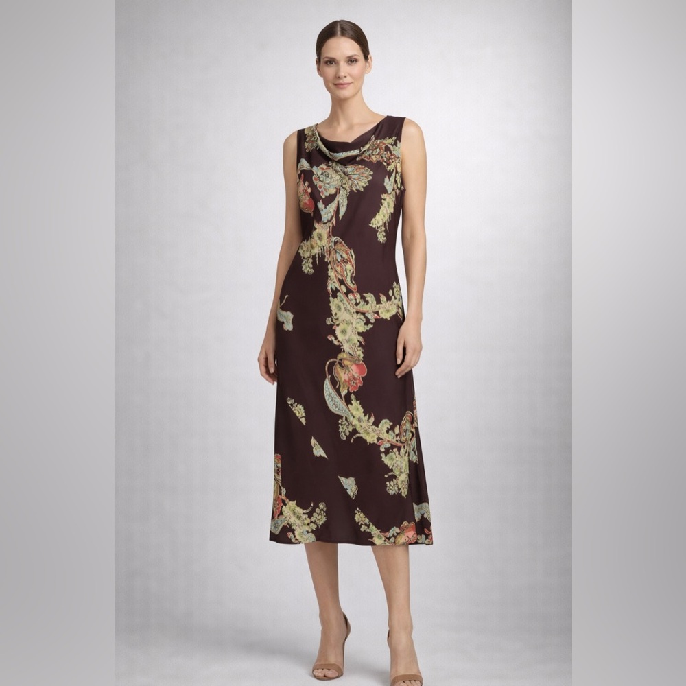 Harari 100% Silk Brown Floral Cowl Neck Sleeveless Dress‎ semi-sheer Size M $394